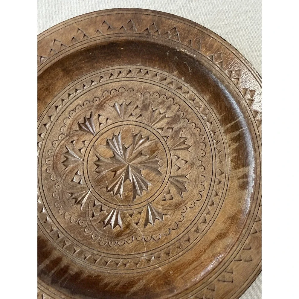 Vintage Hand‎ Carved Wood Plate Made in Yugoslavia Folk Art Wall Decor Boho